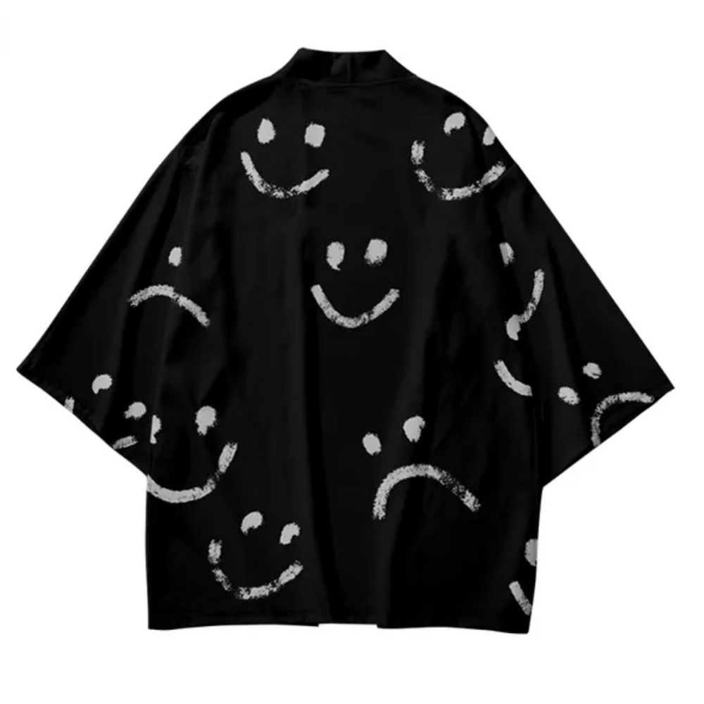 Black Kimono with White Smiley Faces - Picture 2 of 5